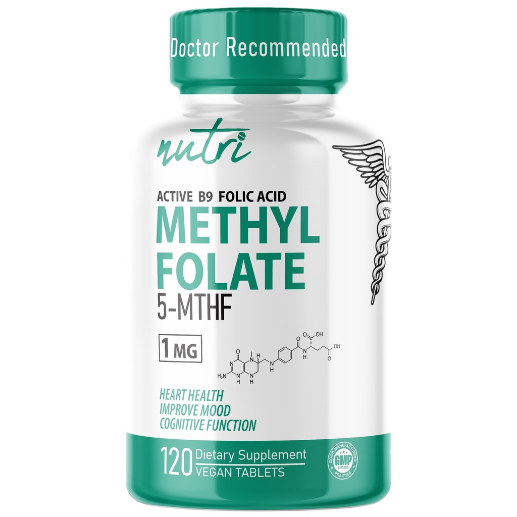 Nutri 5-MTHF L Methylfolate 1MG - 4 mesi di alimentazione, 120 compresse vegane - Supplemento di Folate metilato - Funzione cognitiva, salute del cuore, supporto prenatale - terza parte testata - Facilità certificata NSF