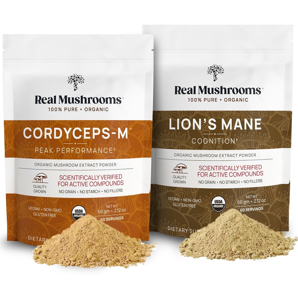Lions Mane (60g) e Cordyceps (60g) Estratto di funghi polvere Bundle - Mushroom Supplemento per cognizione, energia e resistenza