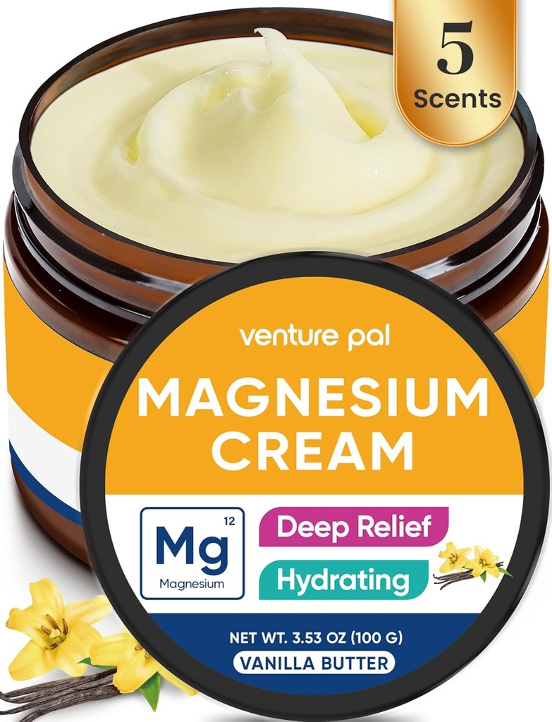 Crema di Magnesio di Venture Pal, Crema di Magnesio Topical per il Sonno, Crampe di Gamba & Dolore, Rilassamento muscolare, Integratore calma e idratante con Olio di cocco, Burro di Karitè & Acido Ialuronico, Sicuro per i bambini