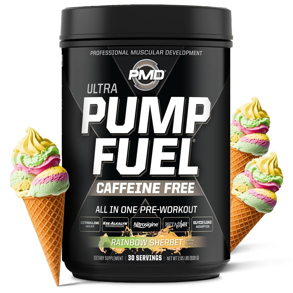 Pompa sportiva PMD Fuel Ultra Caffeine Free - Premium Pre Workout Powder & Muscle Pump, Maggiore messa a fuoco, Endurance & Recovery, Premium Creatine, Arginine & Beta Alanine - Rainbow Sherbet (30 Serve)