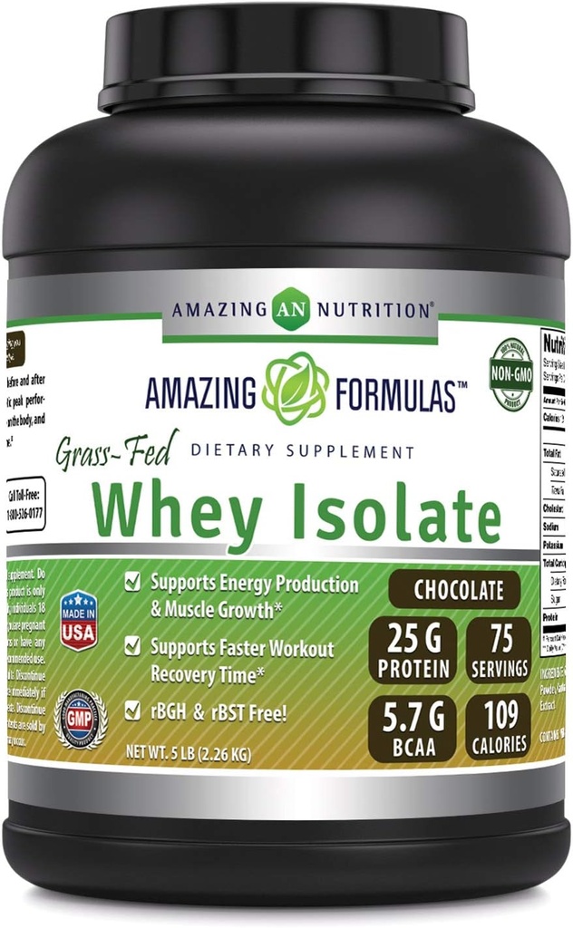 Amazing Formulas Grass-Fed Whey Protein Isolate | 25 Grammi Proteine Per Serving | 5 Lbs (2.26 Kg) | 5.7 Grammi BCAA | Made in USA (5 Lb, Chocolate)