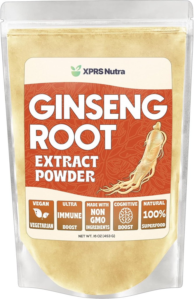 XPRS Nutra Ginseng Root Extract Powder - Ginseng Powder Supporta funzione cognitiva, prestazioni fisiche e sistema immunitario - Vegan Friendly Panax Ginseng in forma di polvere (16 oncia)