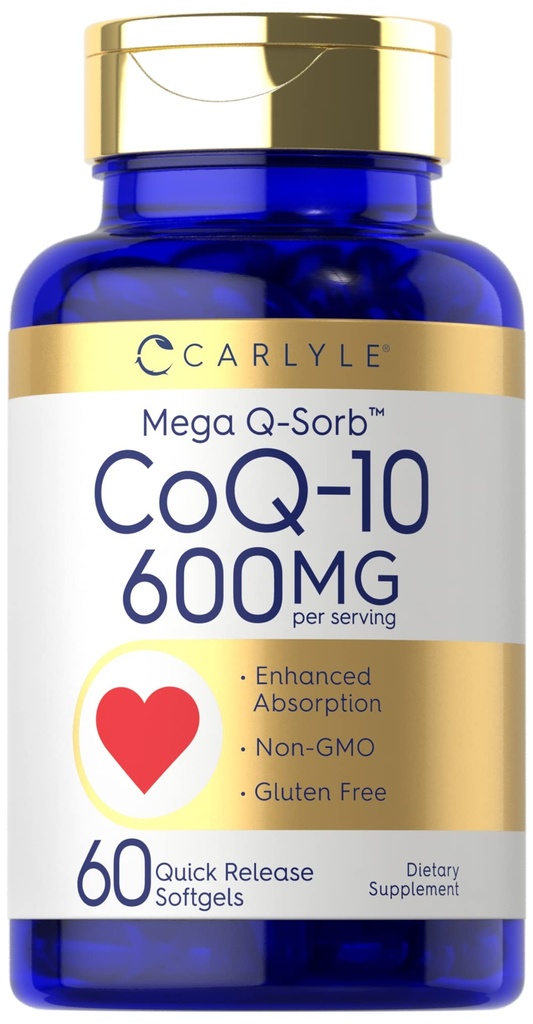 Carlyle CoQ10 600 mg Softgels | 60 Count | Mega Q-Sorb Coenzyme Q-10 | con estratto di pepe nero | Non OGM & Gluten