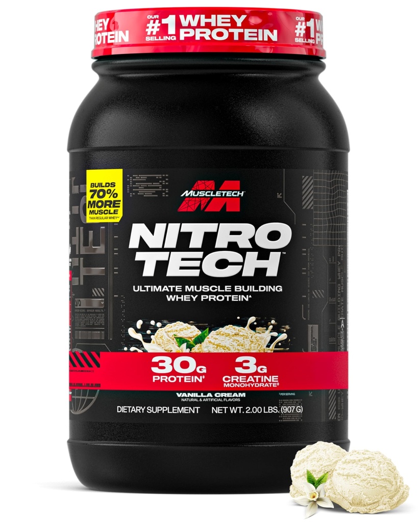 Muscletech Whey Protein Powder (Vanilla Cream, 2.2 Pound) - Nitro-Tech Ultimate Muscle Building Formula con Whey Protein Isolate - 30g di Protein, 3g di Creatine & 6.8g di BCAA - Packaging May Vary