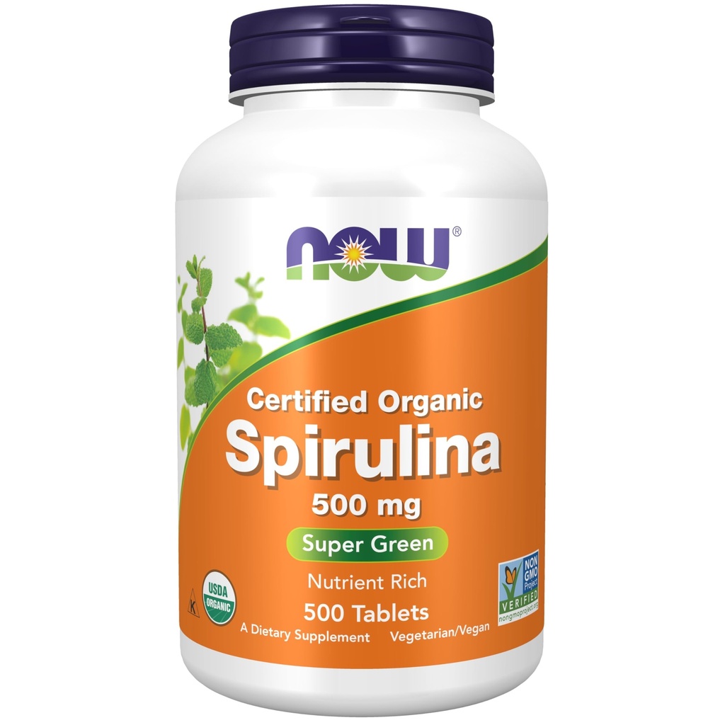 NOW Integratori alimentari, Spirulina Organica 500 mg con Vitamine, Minerali e GLA (acido Gamma-Linolenico), 500 compresse