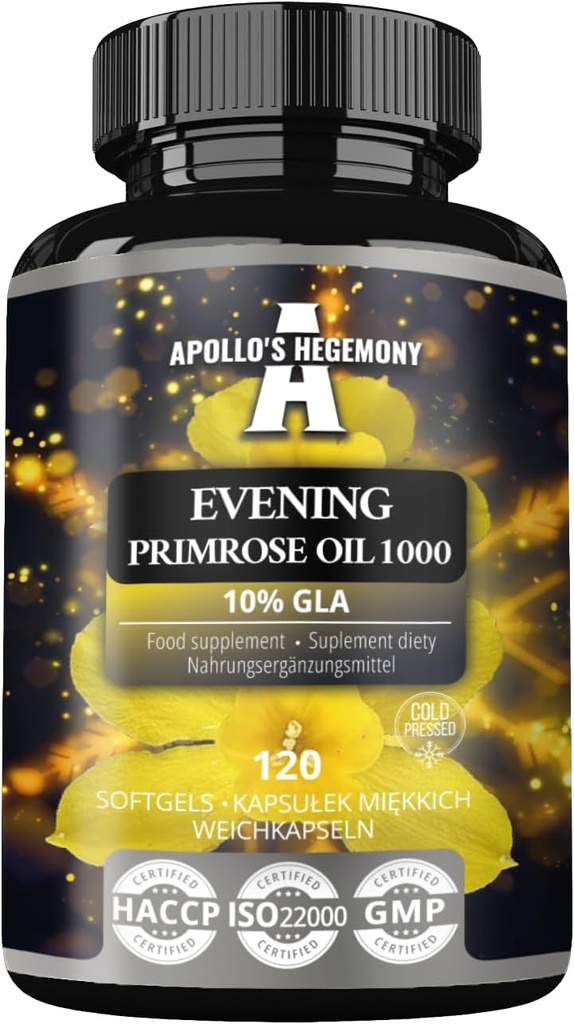 Olio di Primrose di Sera di EGEMONIA di APOLLO 1000 mg con vitamina E - Contiene 100 mg di acido GLA - 120 capsule di Softgel - 4 mesi di alimentazione - supplemento di dieta per sostenere l'equilibrio ormonale e la salute della pelle