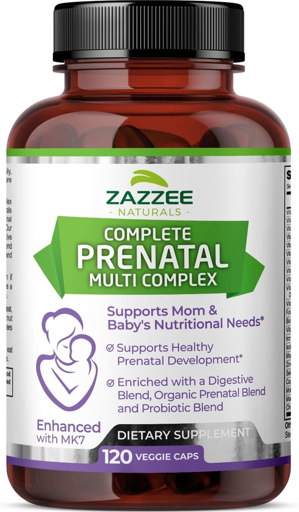Zazzee Extra Strength Completo Prenatal Multi Complex, 120 capsule vegane, 2 mesi di alimentazione, 23 vitamine e minerali essenziali, MK7, 10 miliardi di CFU Probiotici, enzimi prenatali, miscela organica di erbe
