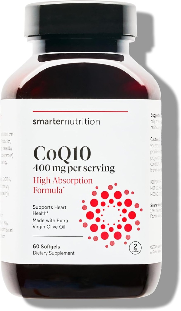 SMARTERNUTRITION CoQ10 400 mg ad alto assorbimento - Naturally Fermented Ubiquinone w/Organic Cold-Pressed Olive Oil - per la salute del cuore, Energia cellulare - Non OGM, Gluten Free - 60 Count[30-Day Supply]