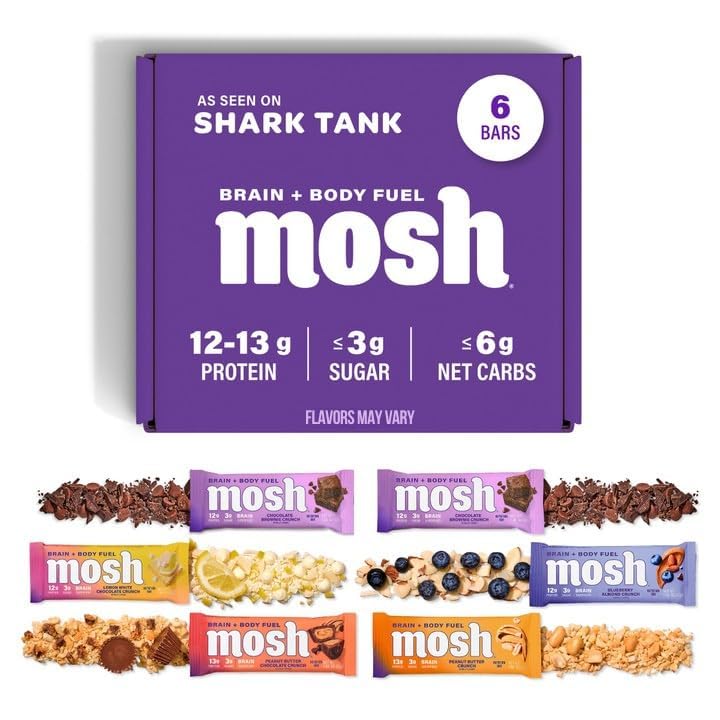 MOSH Variety Pack Keto Protein Bars, High Fiber, Basso Carburo, Gluten Free, Alta Proteine, Cervello Spuntino sano con Ashwagandha, Mane del Leone, 6 Conte