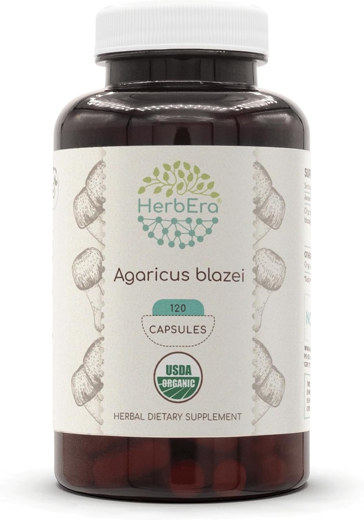 HerbEra Agaricus Blazei USDA Organic 120 Capsule | Natural Herbal Supplement | Capsule Vegetariani Organici Certificati e Agaricus Blazei Organici (Agaricus blazei murill) Fungo essiccato (120 Capsule)