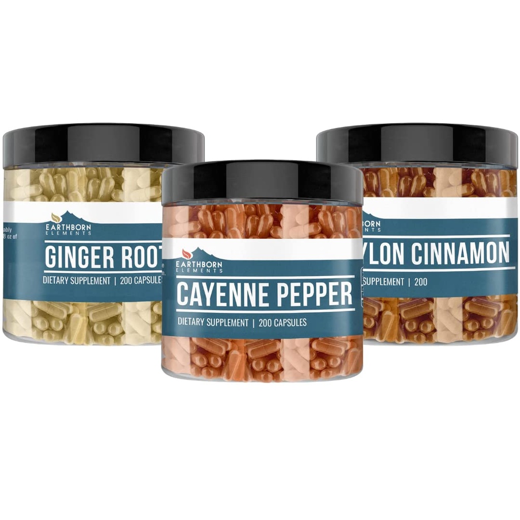 Elementi terrestri Cayenne Pepper, Ceylon Cinnamon & Ginger Root Bundle (200 capsule ciascuna), Pure & Undiluted, No Additivi