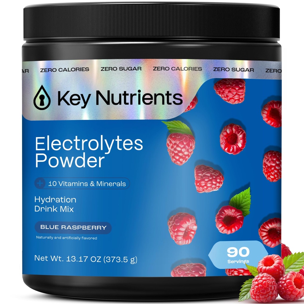 Polvere di elettroliti multivitaminici di KEY NUTRIENTs senza zucchero - Polvere di elettrolita di lampone blu dolce - Endurance & Energy Supplement - Polvere di idratazione - No Calorie - 90 Serve - Made in USA