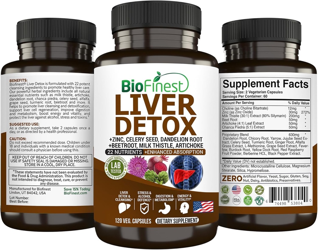 BioFinest fegato Detox Supplemento - 22 Nutrienti Latte Thistle Artichoke Celery Seed Chanca Piedra Beet Root Dandelion Turmeric Ginger - Alcohol Cleanse Energy Digestion Metabolism (120 Veg. Capsules)