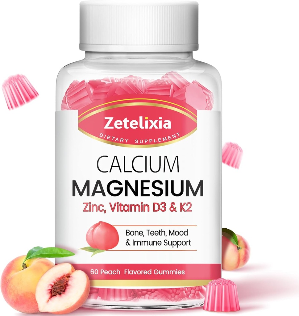 Zucchero Citrato Citrato Gummies, Calcio Magnesio Gummies con Vitamina D3 & K2 per Bones Muscoli e Giunti, Peach Flavor - 60 Ct