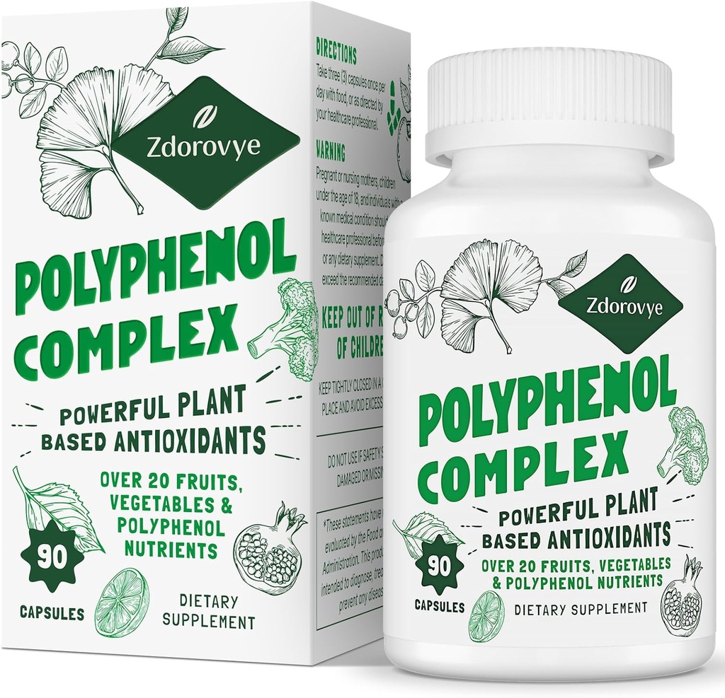 20-in-1 Polifenoli Supplemento Oltre 20 Frutta, Verdura e Polifenoli, Antiossidanti potenti, Quercetina, Resveratrolo, Turmerico, Tè verde, Polifenoli per la difesa dell'età, Energia & Immune, 90 capsule