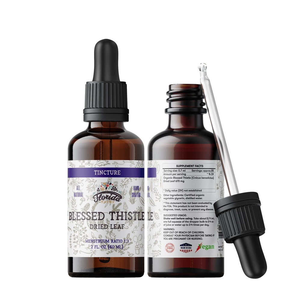Beato Thistle Tincture, Beato estratto di cardo biologico (Cnicus benedictus) Integratore di erbe, Non OGM in Glicerina vegetale organica a freddo, 700 mg, 2 oz (60 ml)