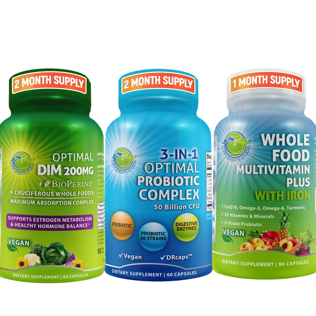 Equilibrio ormonale & Digestive Health Trio – DIM 200mg con BioPerine® & Cruciferous Veggies + Probiotico 3-in-1 con Prebiotici ed Enzimi + Multivitaminici Alimentari Interi con Ferro – Vegan Wellness Support