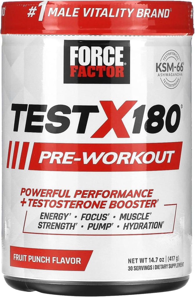 FORCE FACTOR Test X180 Pre-Workout Polvere & Energy Supplement, Boost Focus & Endurance, Build Muscle & Strength, Nitric Oxide Supplement with Ashwagandaha & L-Citrulline, Fruit Punch, 30 Servings