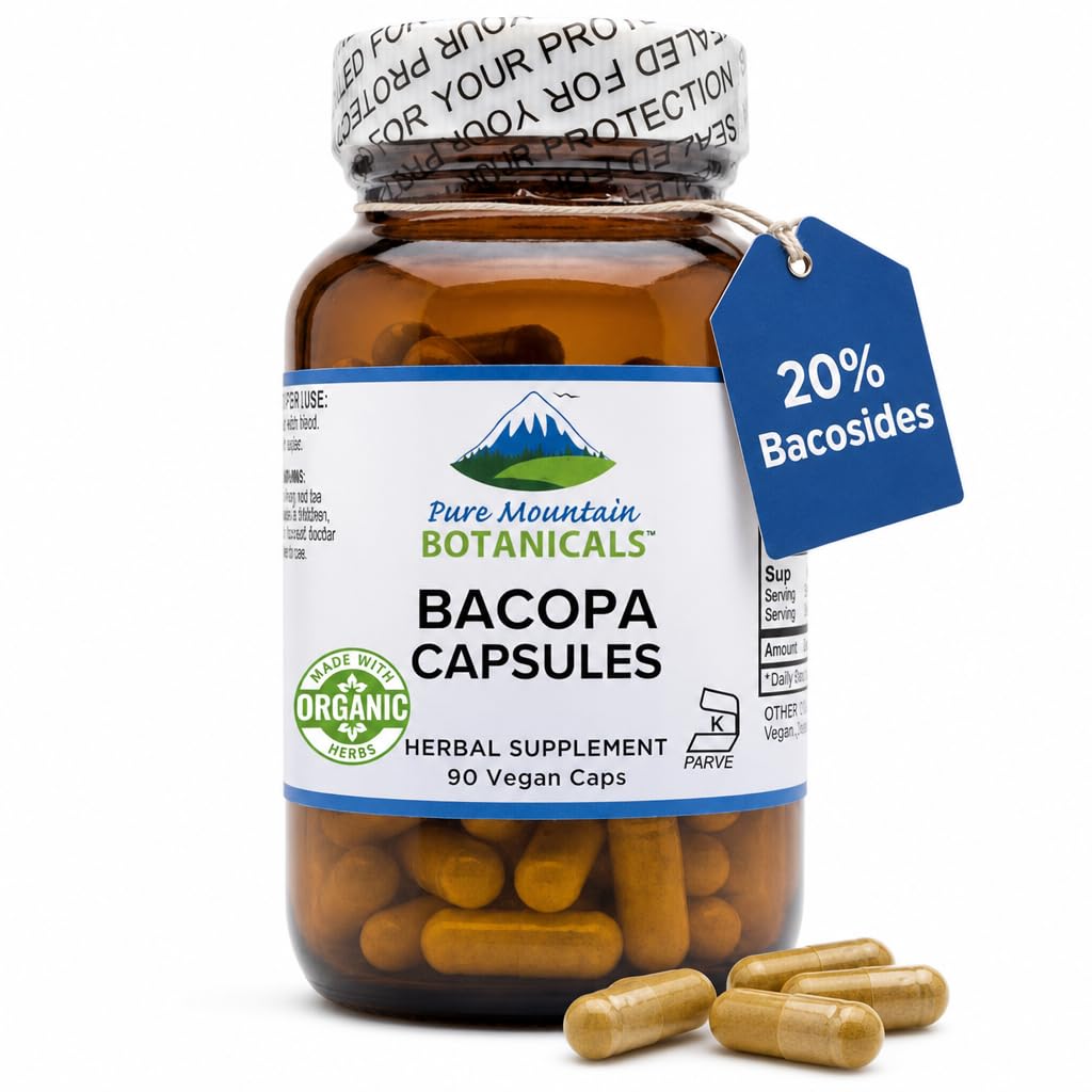 Pure Mountain Botanicals Bacopa Monnieri Capsule - Vegan Caps con Bacopa Organica & Standardized Bacopa Extract Supplement