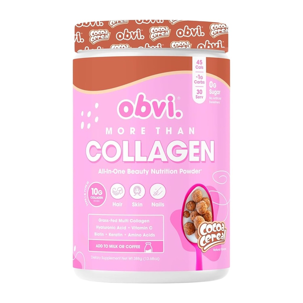 Obvi Più di Collagen Powder | Supporta capelli sani, pelle, unghie, articolazioni, Gut | Grass-Fed Multi Collagen Supplemento con acido ialuronico, biotina, Keratin | Cocoa Cereal, 30 Serve