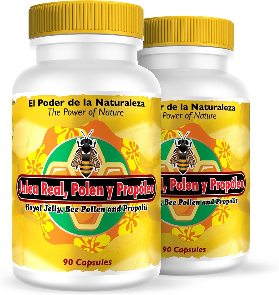 Nutrisalud Prodotti Jalea Real, Polen y Propoleo en UNA sola capsula. Maxima Potencia. Tonico rejuvenecedor, energia Natural, .Set de 2 frascos con 90 caps. c/u.