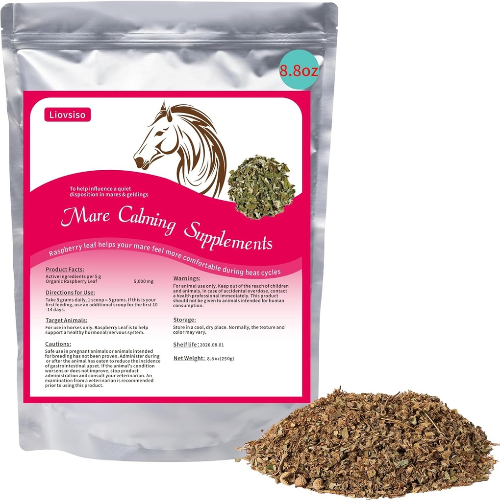8.8 oz Cavallo Calmante Supplemento - Foglia di lampone naturale facilita l'ansia e Discomfort in Moody Mares, calma durante i cicli di calore - Adatto per Geldings troppo