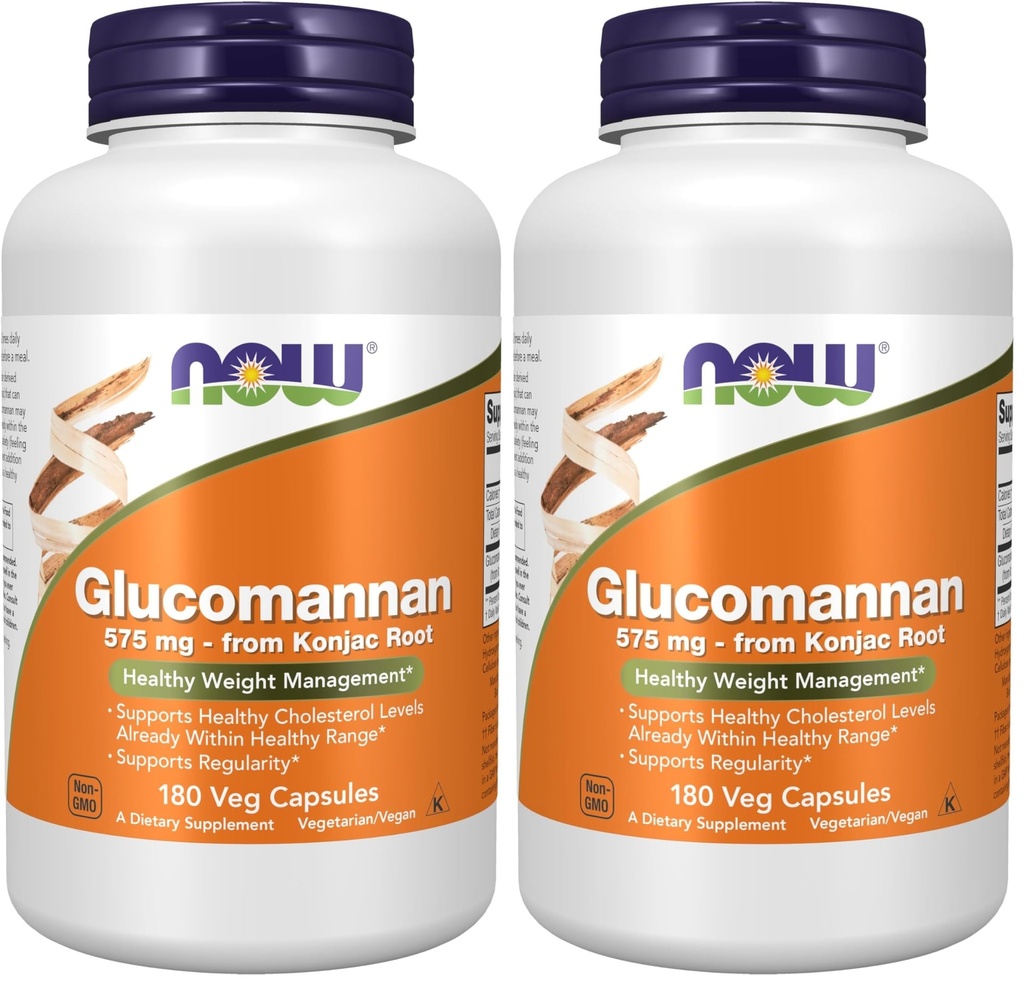 NOW Integratori alimentari, Glucomannan (Amorphophallus konjac) 575 mg, Supporti Regolarità*, Gestione del peso sano*, 180 capsule di Veg (Pack of 2)