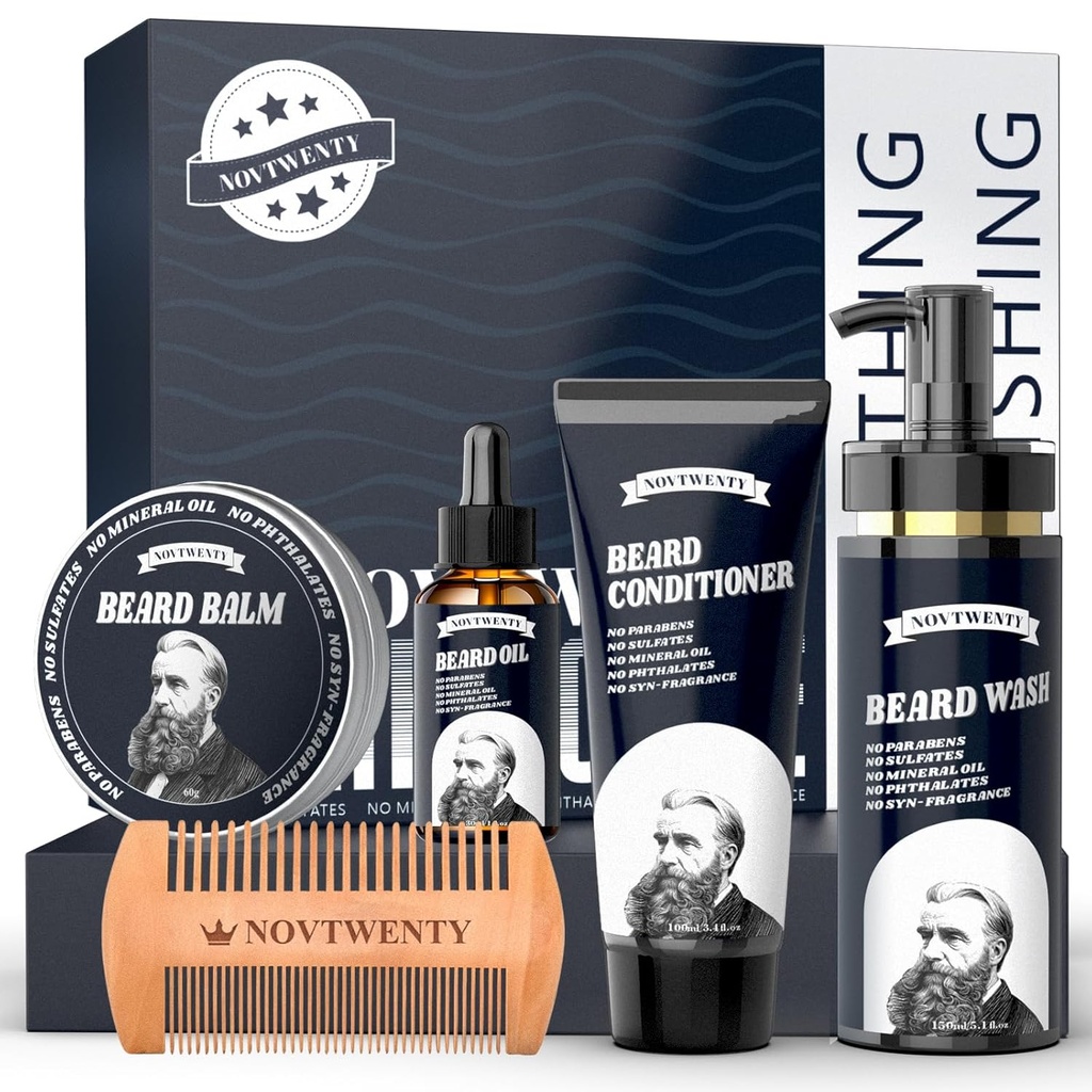 Kit di crescita del cuscinetto - Kit di cura del cuscinetto maschile Mobiuty con ingredienti naturali, include il lavaggio del cuscinetto, l'olio del cuscinetto, il condizionatore del cuscinetto, il balsamo del cuscinetto e il combo del cuscinetto, set regalo per i padri del marito del ragazzo