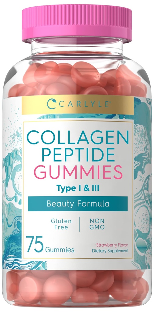 Carlyle Collagen Gummies | Strawberry Flavor Beauty Supplement | Peptidi di collagene idrolizzati per donne e uomini | Tipo 1 & 3 | Non OGM, Gluten Free