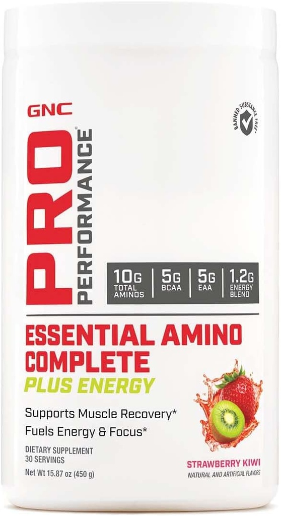 GNC Pro Performance Essential Amino Complete Plus Energy, supporta il recupero muscolare, Strawberry Kiwi, 15.9 oz.