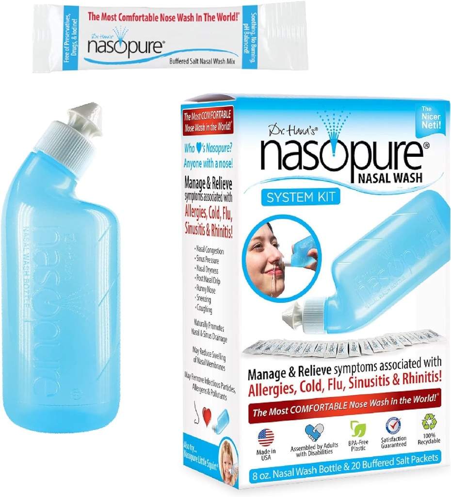 Nasopure Nasal Wash, Kit di sistema, “The Nicer Neti Pot” Sinus Wash Kit, Confortevole Nasal Rinse 8 Oz Bottiglia & 20 Pacchetti di sale (3.75 Grammi ciascuno), Congestione nasale, Freddo, Flu, Allergia, Irrigazione nasale
