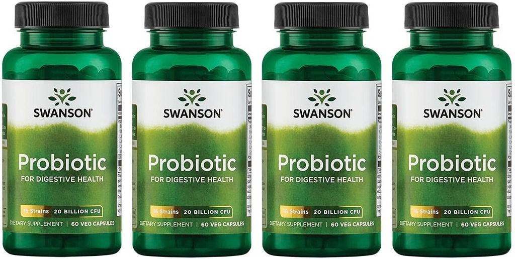 Swanson Probiotico per la salute digestiva GI Tratto Immune Support Travelers Support 20 miliardi di CFU con Prebiotic FOS 60 Veggie Capsule (4 Pack)