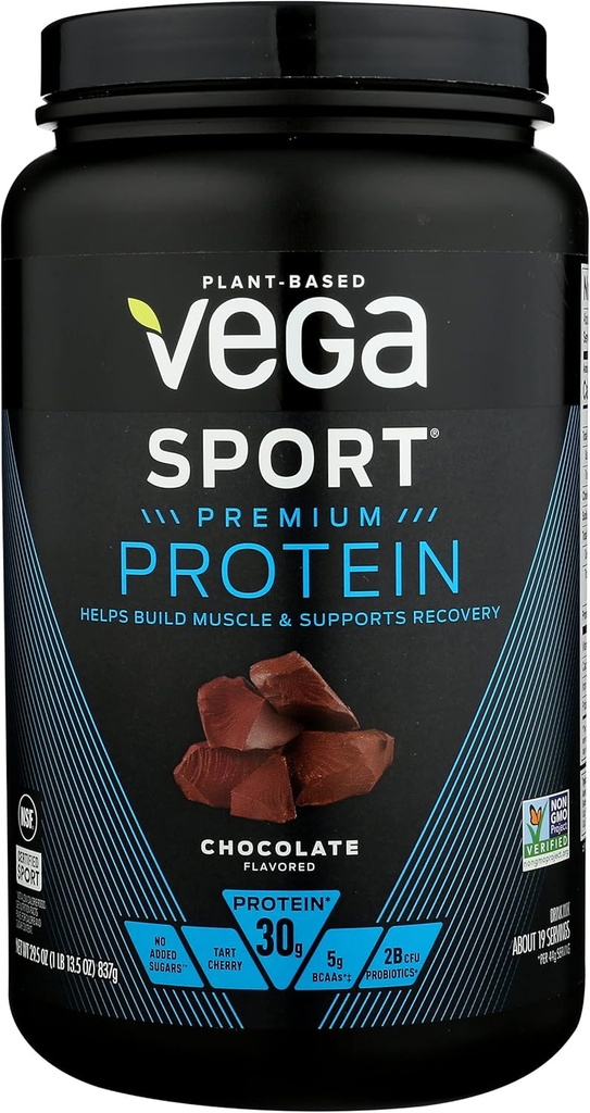 Vega Sport Premium Protein Powder, Cioccolato, Vegan, 30g di proteine vegetali, 5g BCAA, Carbo basso, No Zucchero, Keto, Latticini Free, Gluten Free & Non OGM, Pea Protein per le donne e gli uomini, 29.5 Oz