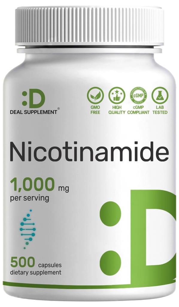 Vitamina B3 Nicotinamide 1.000mg Per Serving – 500 capsule, niacina libera Flush, Essential B3 – Supporta la produzione sana di pelle & energia – Non OGM