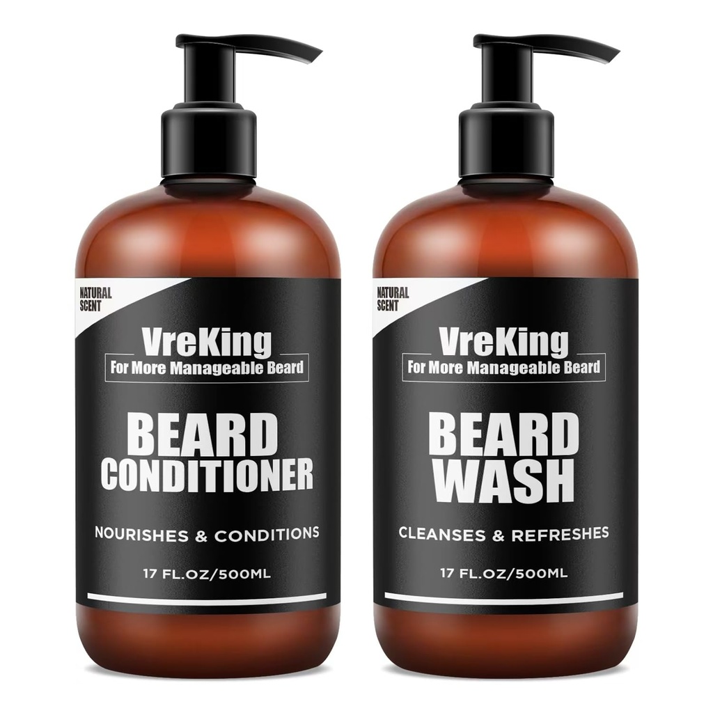 Mens Beard Wash and Beard Condizionatore Bundle Set per gli uomini, faccia e cuscinetto Shampoo e condizionatore Set per gli uomini w/Biotin Facial Hair Growth Formula Dandruff, Regali per gli uomini, 500ml*2