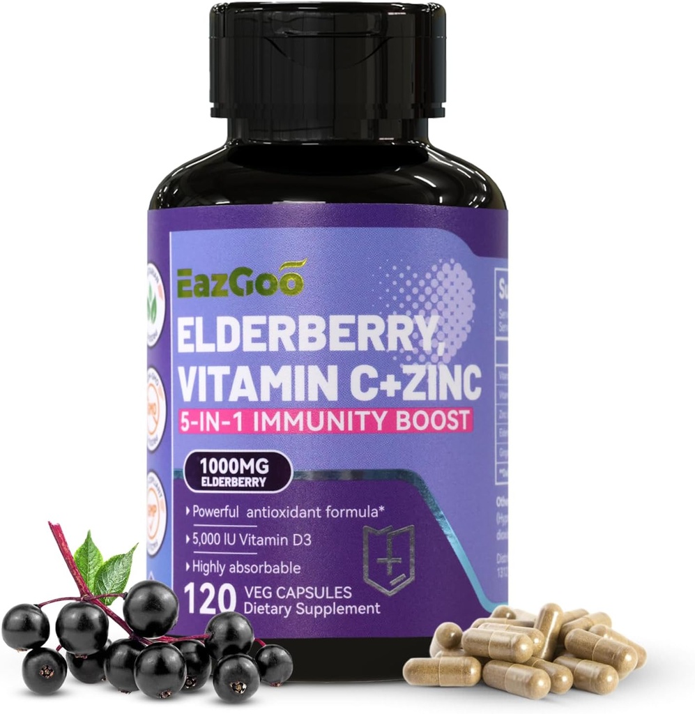 Sambucus Elderberry con Zinc & Vitamina C - 5 in 1 Integratore di Supporto Immune, Non OGM, 120 Capsule Vegetariani, 2 Mesi di Alimentazione
