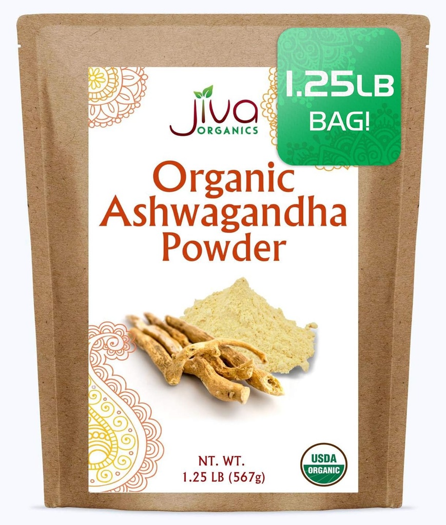 Jiva Organics Ashwagandha Root Powder 1.25 Pound (20oz) - Gluten Free, Indian Ginseng, Raw, Pure, Non OGM, Lab Tested Ayurvedic Polvere indiana
