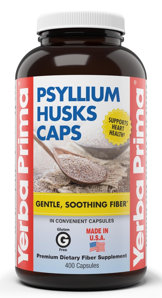 Yerba Prima Psyllium Husks Caps, 625 mg, 400 capsule - Fibra naturale per gli uomini e le donne - Supplemento di supporto di regolarità