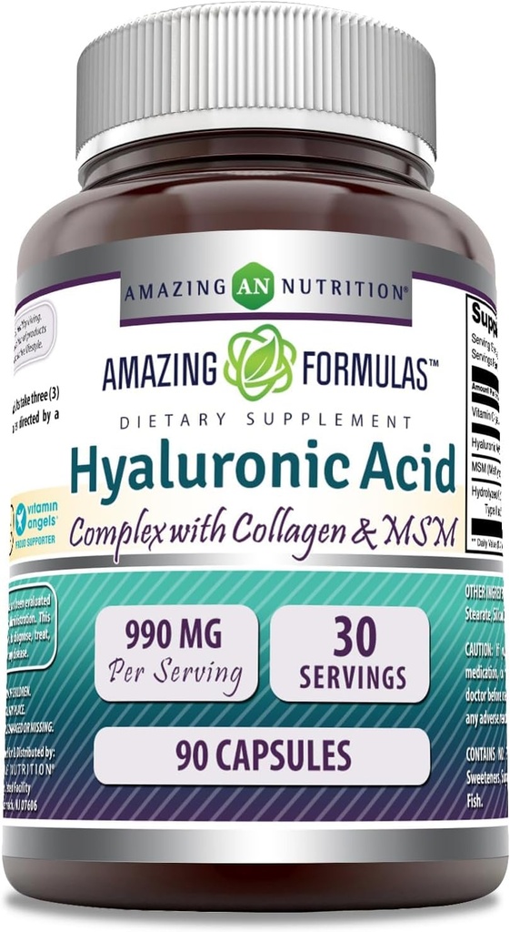 Incredibile Formulas Hyaluronic Acid Super Complex con MSM, Collagen Type I & III, e Vitamina C | 990 Mg | 90 Capsule Supplemento | Non-OGM | Gluten Free | Made in USA