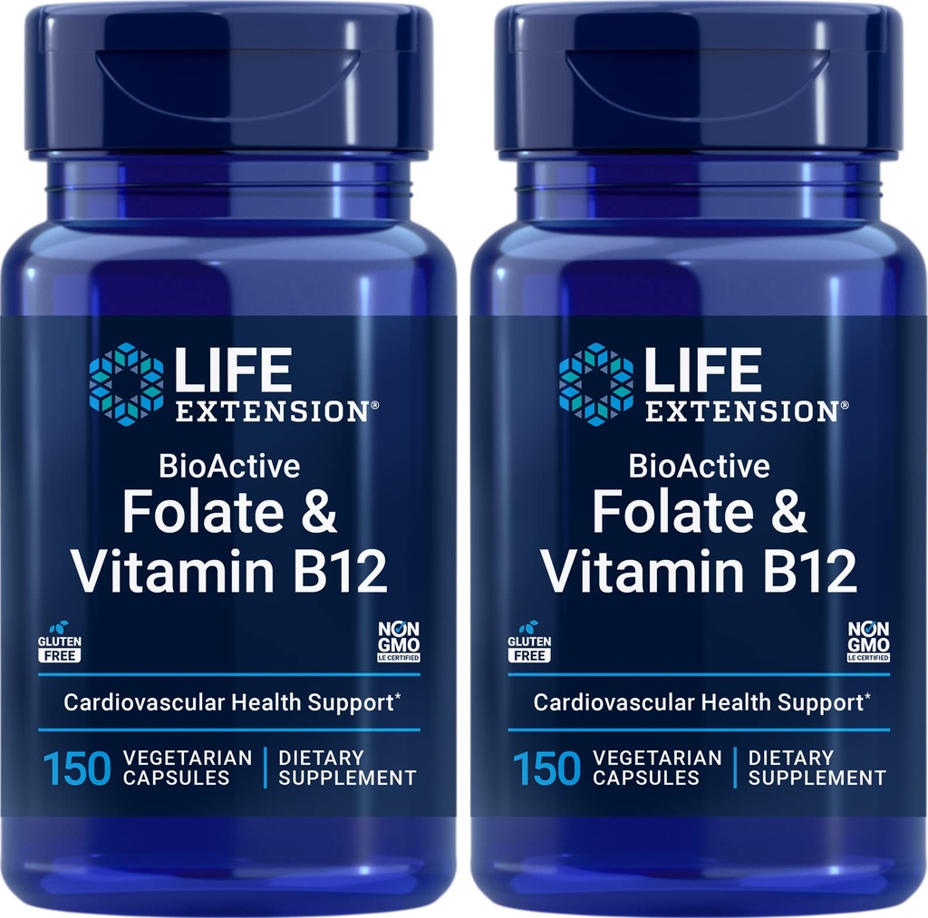 BioActive Folate & Vitamina B12, 150 Capsule Vegetariani (Pack of 2), Non OGM, Gluten Free