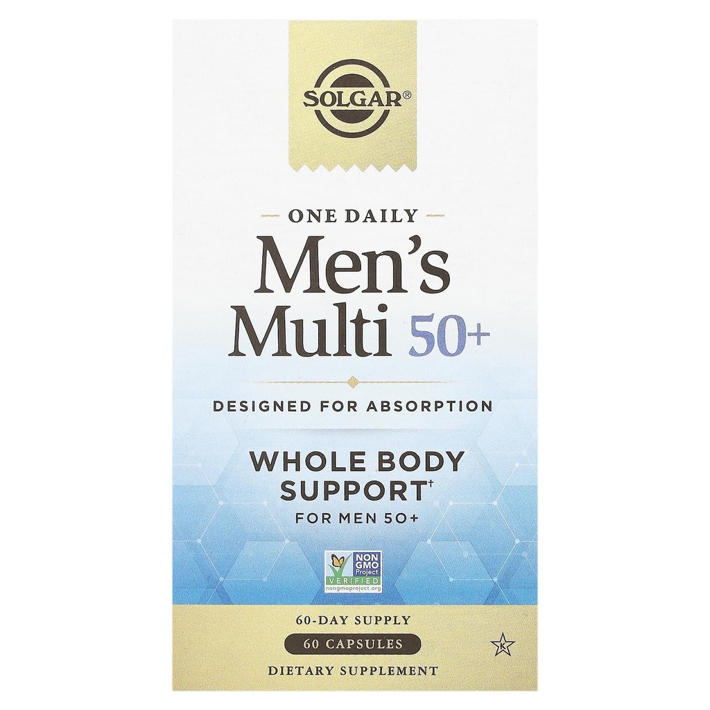 Solgar One Daily Men's Multi 50+ Supporto per il corpo intero per gli uomini 50 e più vecchi Altamente assorbibile Rilascio Cuore, Energia, Stress, Muscolo, Bone, Supporto alla prostata Vitamina 60 Capsule Vegan, 60 Serve