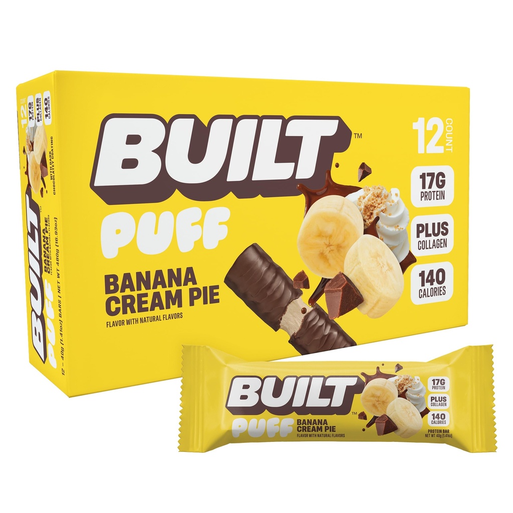 Bar costruito, Barre di proteine di Puff, Panna di banana Pie Puff, 17g Snack proteici, Barre On-The-Go, Solo 140 Calorie, 6g Zucchero, Collage, senza glutine, 12 conte