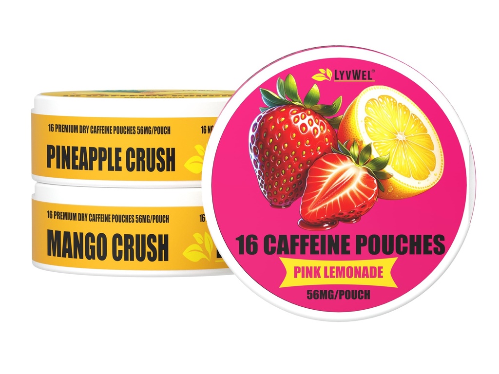 LyvWel 56mg Caffeine Energy Pouches – Pink Lemonade, Ananas Crush, Mango Crush – Fruity Clean Energy & Focus Boost with Guarana – 3-Pack Sampler (48 Total Pouches)