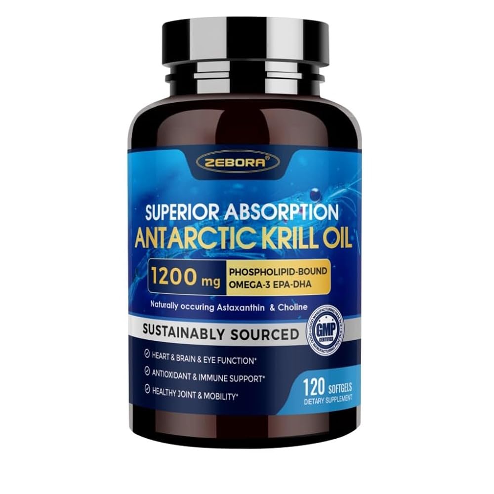 Olio di Krill 1200 mg Omega 3 Supplemento, Olio di Krill Omega 3 con EPA ad alto assorbimento, DHA, Astaxanthin & Phospholipids, Supporta il cuore e la salute comune, No Fishy Aftertaste - 120 Softgels (60 Servings)