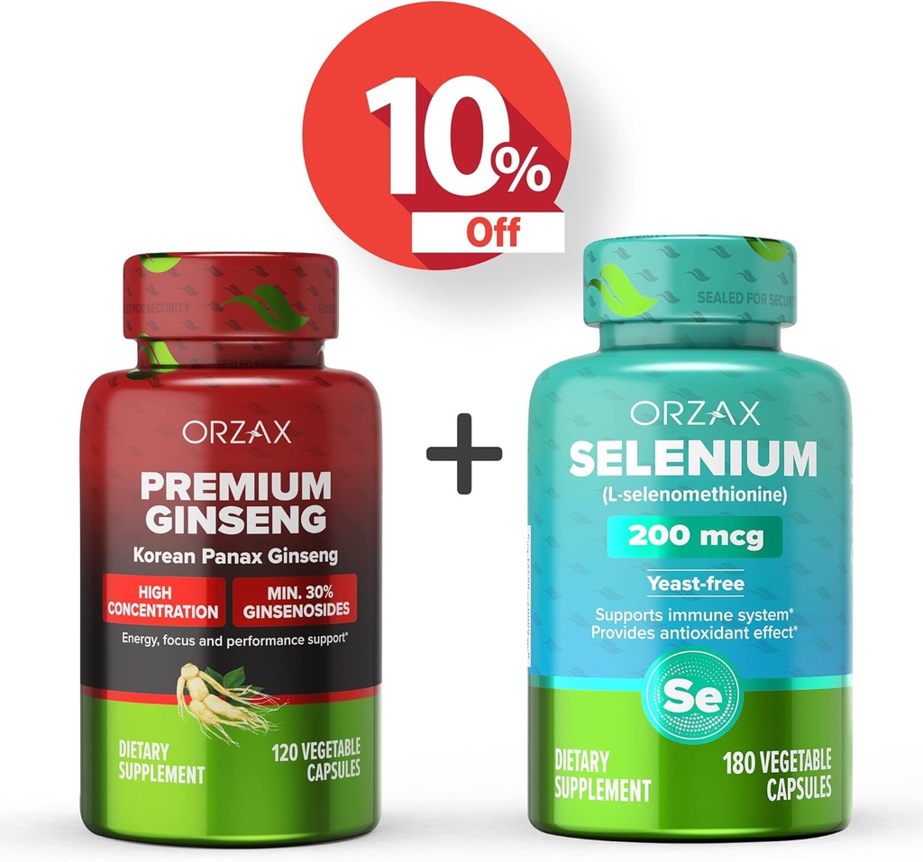 ORZAX Premium Ginseng 120 Capsule Vegabili e Selenium 200 Mg 180 Capsule Vegabili, Bundle
