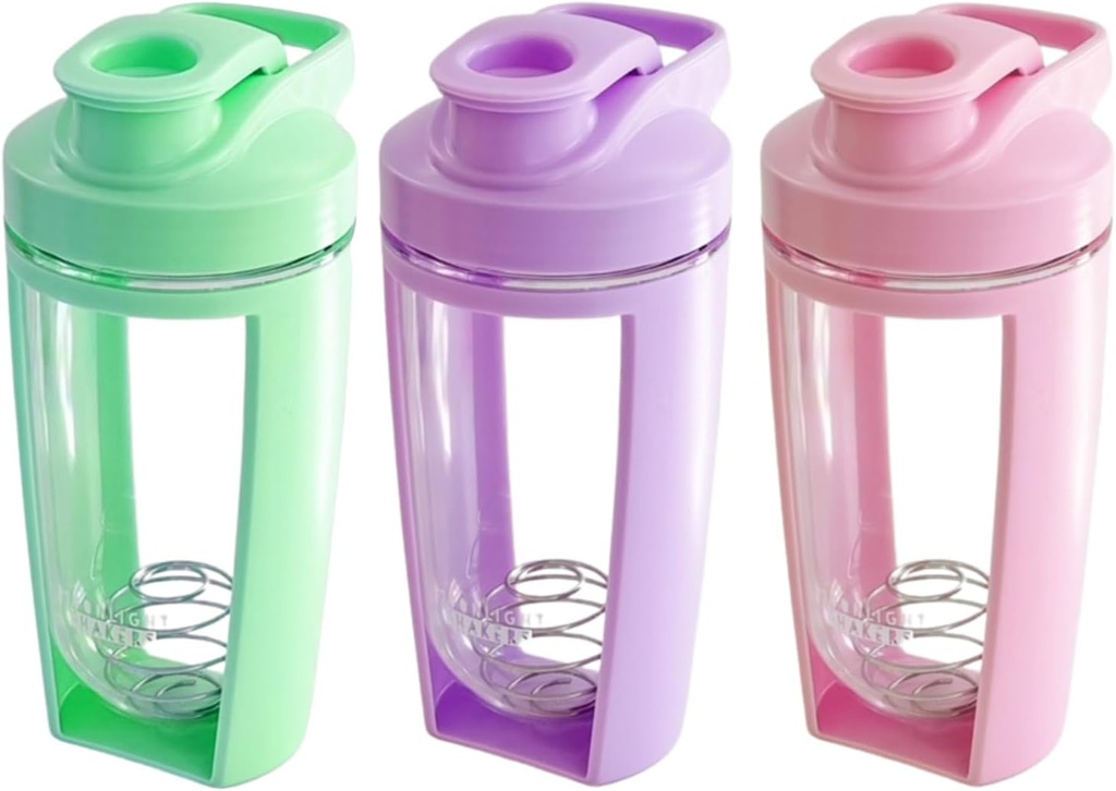 Moonlight Makers Set di 3 Cute 16oz Protein Shaker Bottiglia, Palla di Whisk in acciaio - Leakproof, Lavastoviglie Cassaforte Gym Bottiglia, Shaker Cup per Protein Shakes, Preworkout Drinks Mixer Cup - Rosa, Verde, Viola