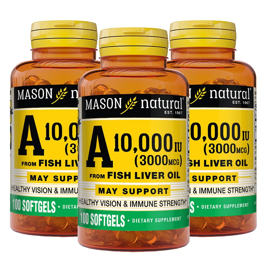 MASON NATURAL Vitamina A 3.000 mcg (10.000 UI) da Fish Liver Oil, Supporta Vision & Immune Health, 100 Softgels, Confezione da 3