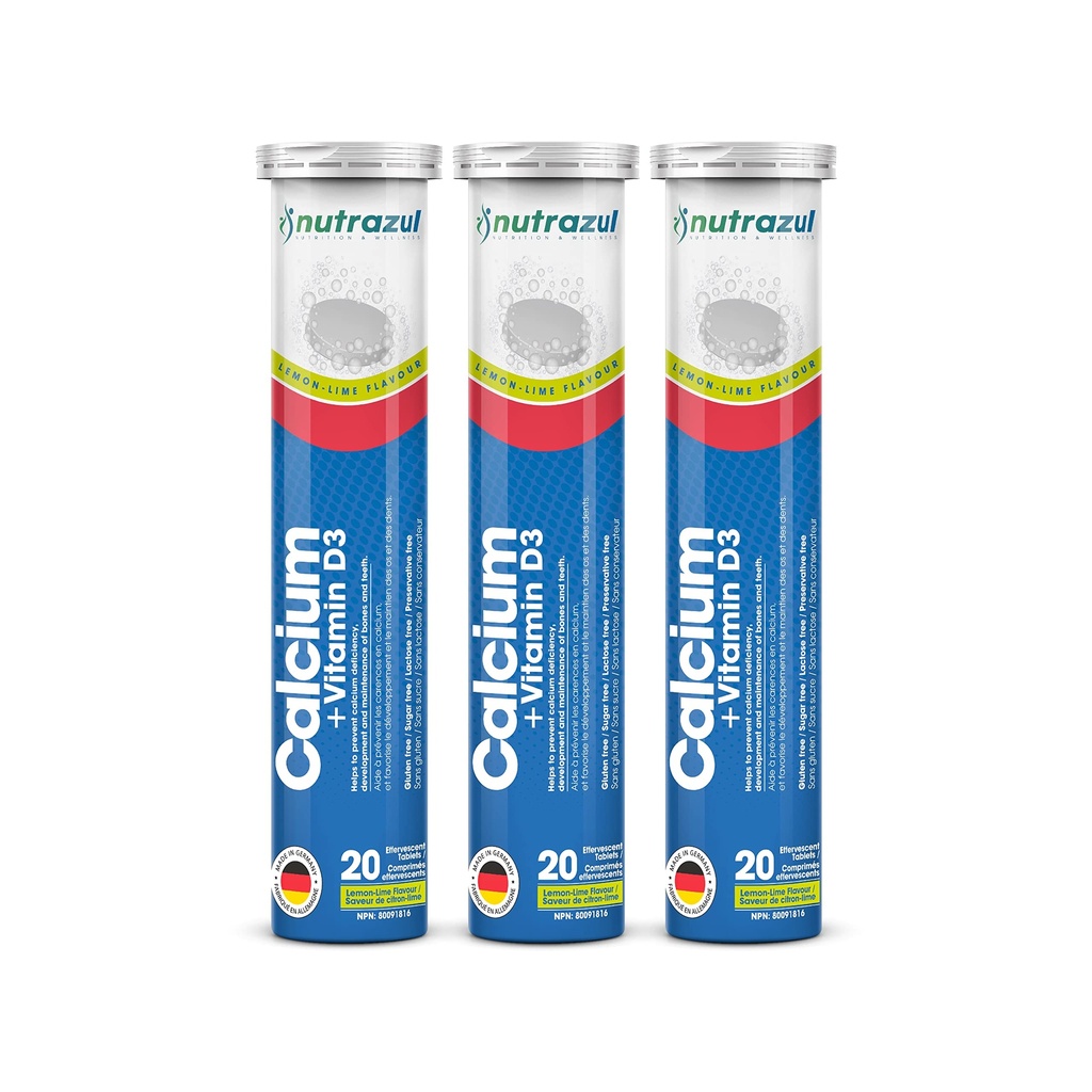 Nutrazul Calcium + Vitamina D3 Tablet effervescenti | 60 compresse | Supporta la salute e la manutenzione di ossa | per adulti e bambini | Limoni aroma