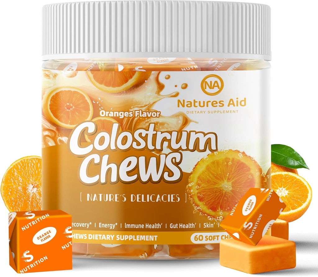 Colostrum Chews Supplemento con probiotici per Gut Salute, Bloating, Supporto immunitario, Pelle, Crescita dei capelli e Bellezza - Aroma arancione (60 Serve)