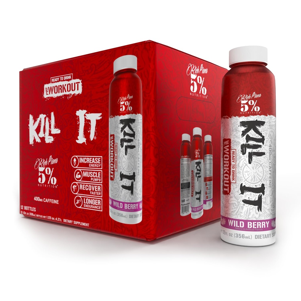 5% Nutrition Kill It Ready-to-Drink High Stim Pre Workout | 400mg Caffeine Energy Drink | Pompa estrema, Endurance, Focus & Hydration | Citrulline, Beta Alanine, Taurine | 12 Pack (Wild Berry)